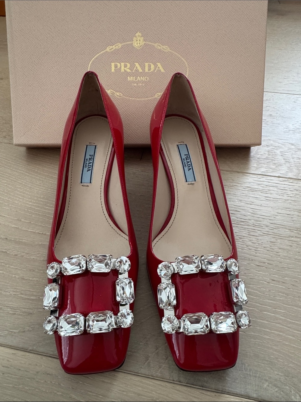 Prada Red Patent Leather Crystal-Buckle Square-Toe Pumps